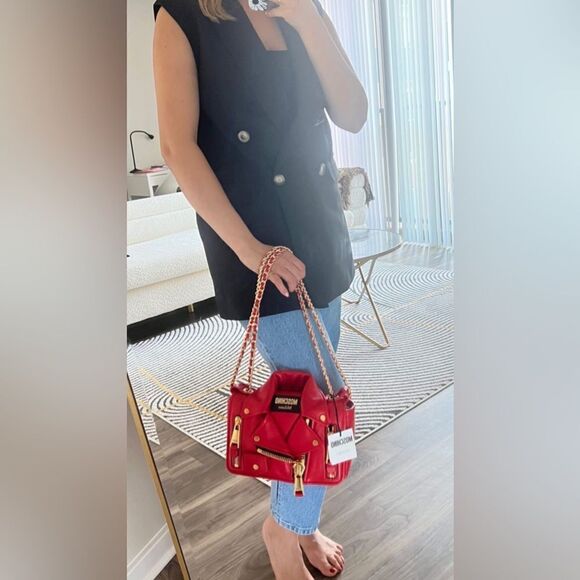 Moschino Zippered Leather Jacket Biker Shoulder Bag Red, Retail $1795 ($700 OFF) - Picture 5 of 7